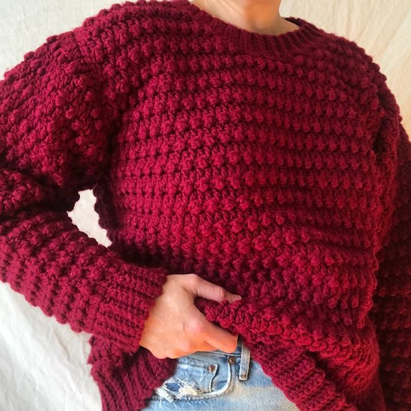 Vtg Hand Knit Bobble Pompom Popcorn Wool Sweater - Picture 14 of 16